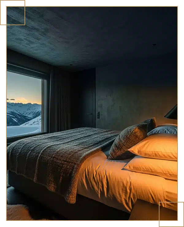 Chambre Chambre à l'ambiance cosy et apaisante avec vue sur les montagnes enneigées.